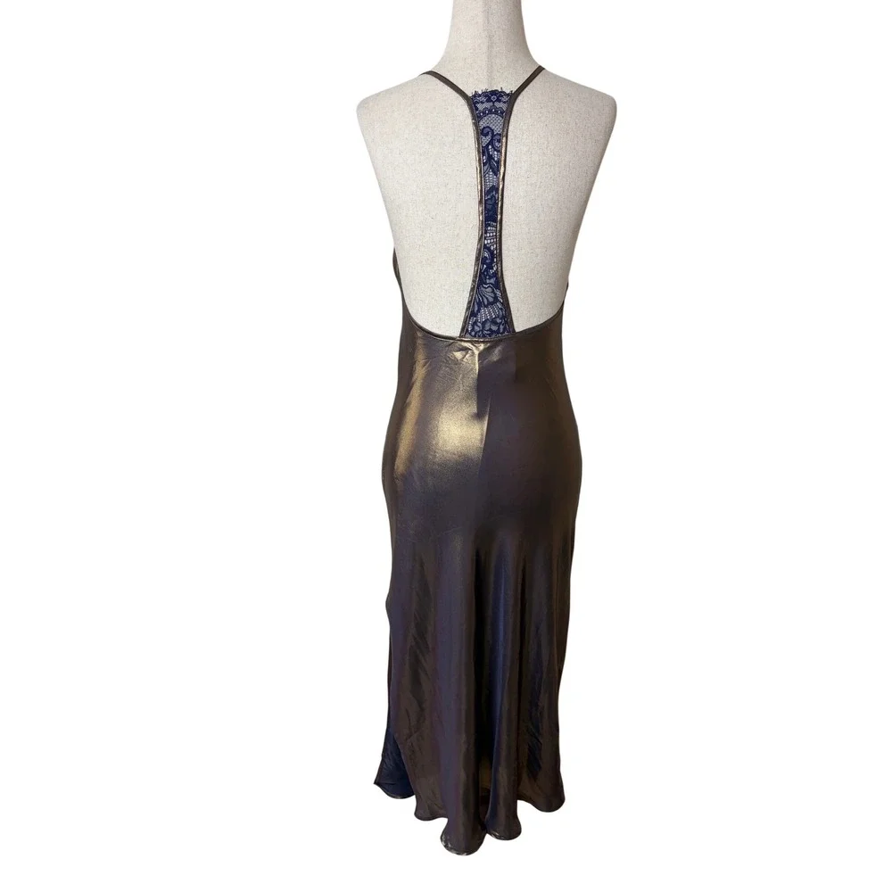 Free‎ People Gold Dust Midi Slip Dress Metallic Bronze Lace Back Halter XS NWT